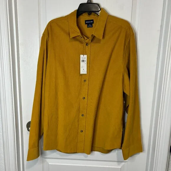 Haggar Men's Regular Fit Long Sleeve Corduroy Shirt Bundle Blue Mustard Green XL